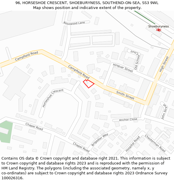 96, HORSESHOE CRESCENT, SHOEBURYNESS, SOUTHEND-ON-SEA, SS3 9WL: Location map and indicative extent of plot