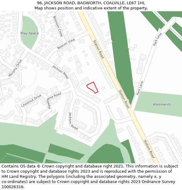 96, JACKSON ROAD, BAGWORTH, COALVILLE, LE67 1HL: Location map and indicative extent of plot