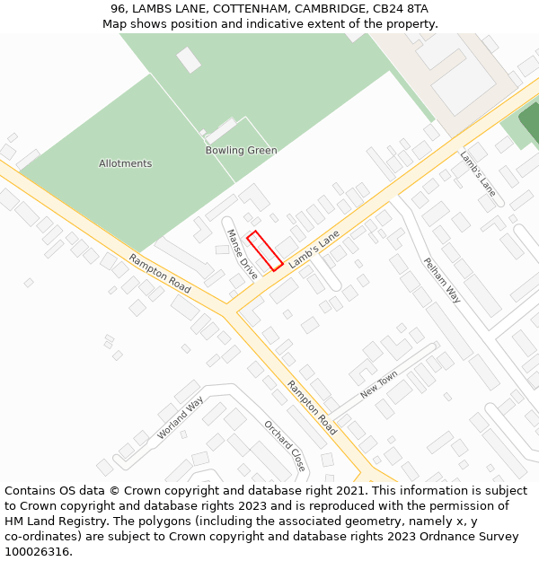 96, LAMBS LANE, COTTENHAM, CAMBRIDGE, CB24 8TA: Location map and indicative extent of plot