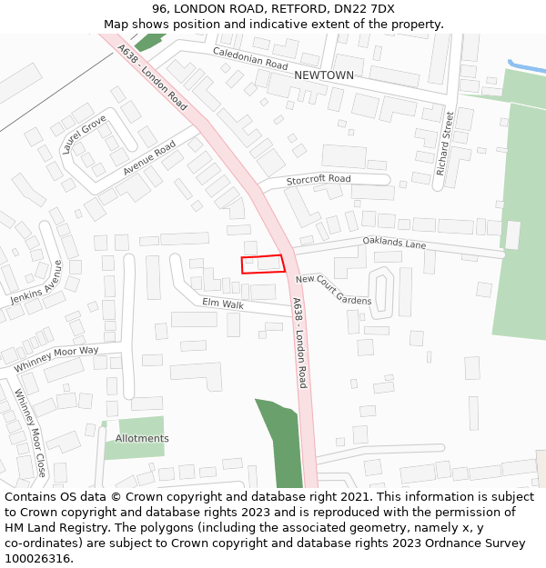 96, LONDON ROAD, RETFORD, DN22 7DX: Location map and indicative extent of plot