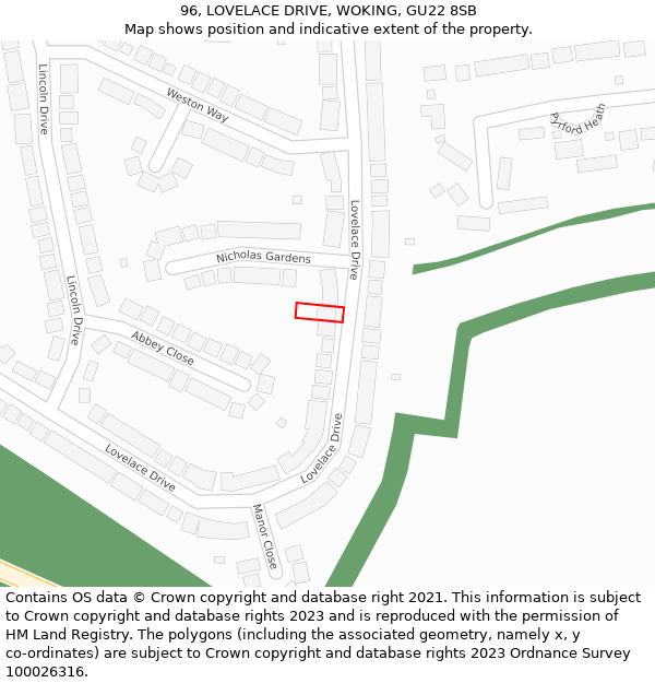 96, LOVELACE DRIVE, WOKING, GU22 8SB: Location map and indicative extent of plot
