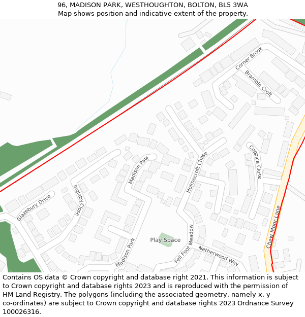 96, MADISON PARK, WESTHOUGHTON, BOLTON, BL5 3WA: Location map and indicative extent of plot