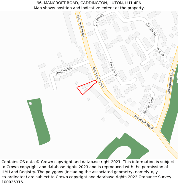 96, MANCROFT ROAD, CADDINGTON, LUTON, LU1 4EN: Location map and indicative extent of plot