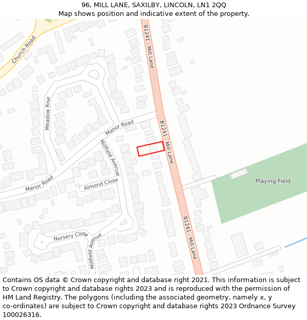 96, MILL LANE, SAXILBY, LINCOLN, LN1 2QQ: Location map and indicative extent of plot