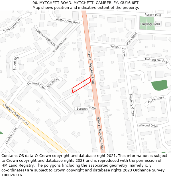 96, MYTCHETT ROAD, MYTCHETT, CAMBERLEY, GU16 6ET: Location map and indicative extent of plot