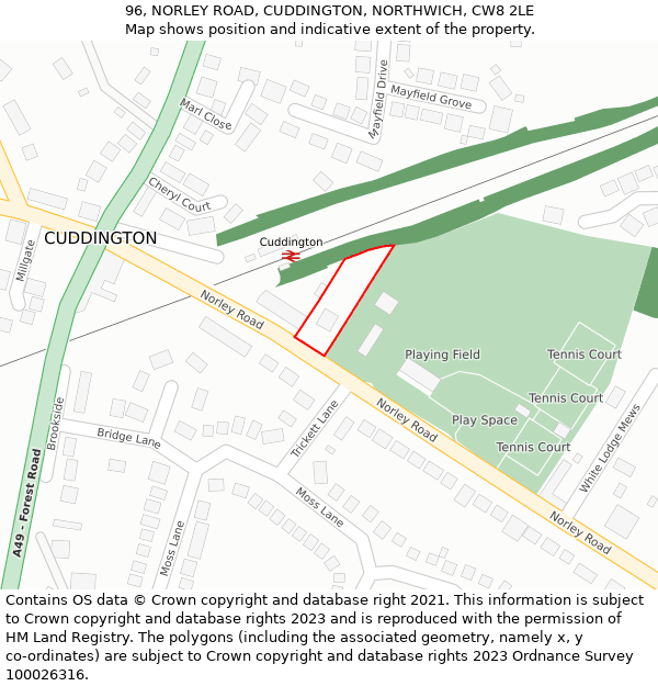 96, NORLEY ROAD, CUDDINGTON, NORTHWICH, CW8 2LE: Location map and indicative extent of plot