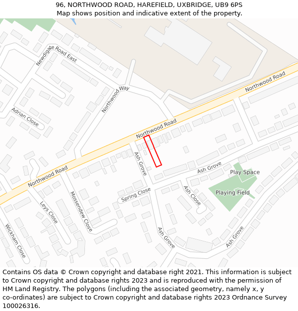 96, NORTHWOOD ROAD, HAREFIELD, UXBRIDGE, UB9 6PS: Location map and indicative extent of plot