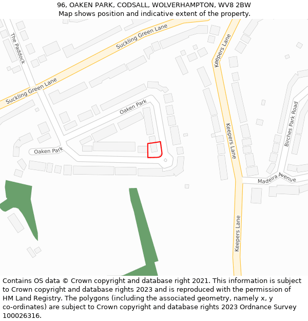 96, OAKEN PARK, CODSALL, WOLVERHAMPTON, WV8 2BW: Location map and indicative extent of plot