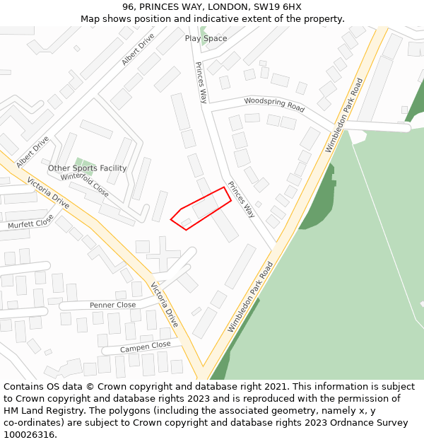 96, PRINCES WAY, LONDON, SW19 6HX: Location map and indicative extent of plot