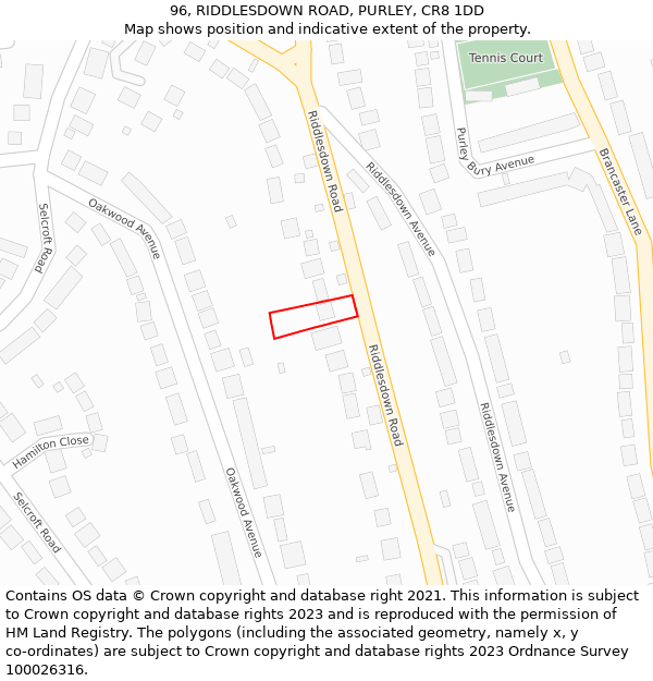 96, RIDDLESDOWN ROAD, PURLEY, CR8 1DD: Location map and indicative extent of plot