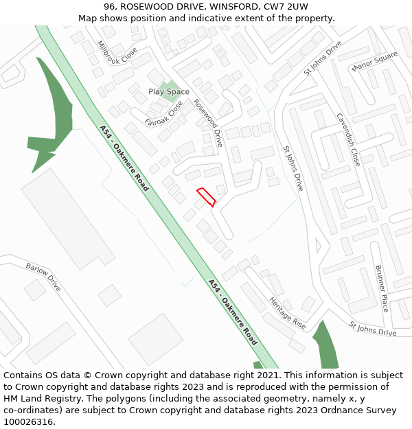 96, ROSEWOOD DRIVE, WINSFORD, CW7 2UW: Location map and indicative extent of plot