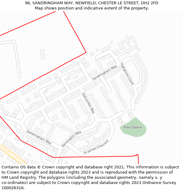 96, SANDRINGHAM WAY, NEWFIELD, CHESTER LE STREET, DH2 2FD: Location map and indicative extent of plot