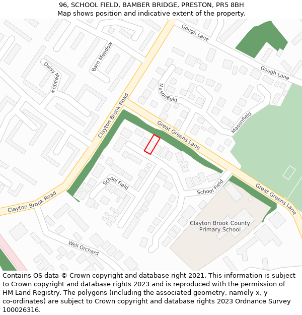 96, SCHOOL FIELD, BAMBER BRIDGE, PRESTON, PR5 8BH: Location map and indicative extent of plot