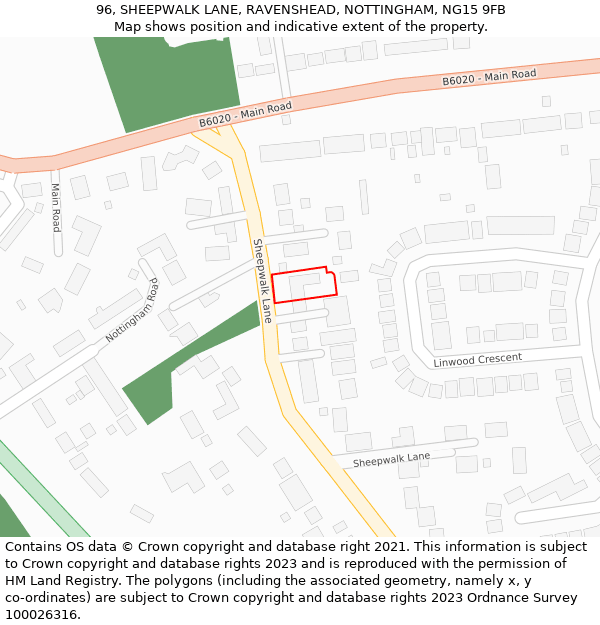 96, SHEEPWALK LANE, RAVENSHEAD, NOTTINGHAM, NG15 9FB: Location map and indicative extent of plot