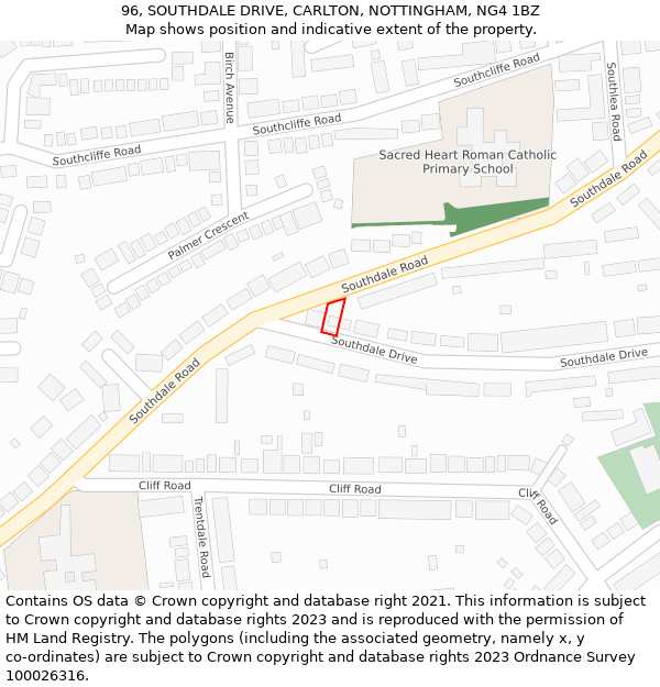 96, SOUTHDALE DRIVE, CARLTON, NOTTINGHAM, NG4 1BZ: Location map and indicative extent of plot