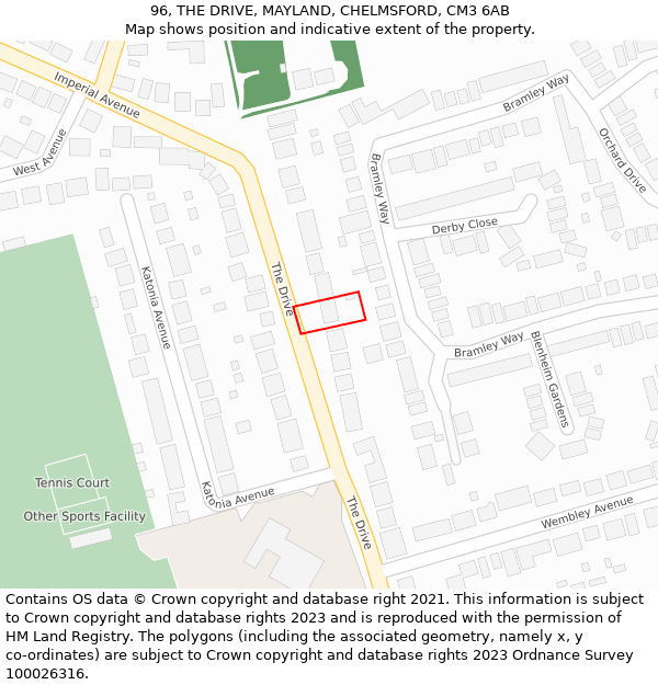 96, THE DRIVE, MAYLAND, CHELMSFORD, CM3 6AB: Location map and indicative extent of plot