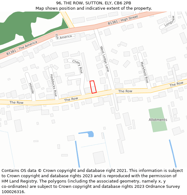 96, THE ROW, SUTTON, ELY, CB6 2PB: Location map and indicative extent of plot