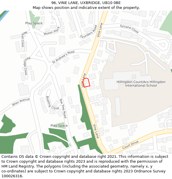 96, VINE LANE, UXBRIDGE, UB10 0BE: Location map and indicative extent of plot