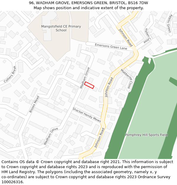96, WADHAM GROVE, EMERSONS GREEN, BRISTOL, BS16 7DW: Location map and indicative extent of plot