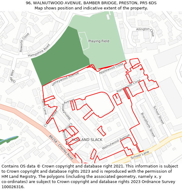 96, WALNUTWOOD AVENUE, BAMBER BRIDGE, PRESTON, PR5 6DS: Location map and indicative extent of plot
