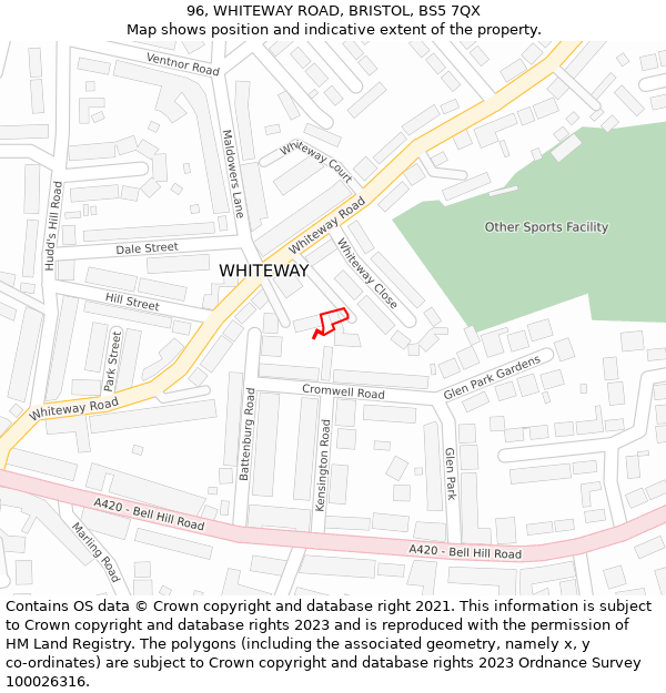 96, WHITEWAY ROAD, BRISTOL, BS5 7QX: Location map and indicative extent of plot