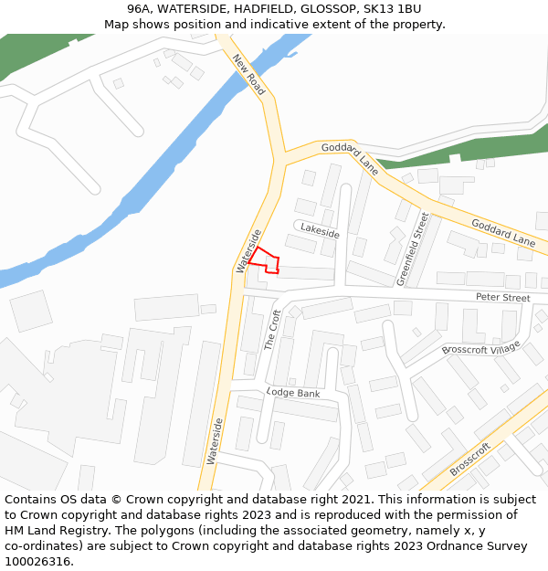 96A, WATERSIDE, HADFIELD, GLOSSOP, SK13 1BU: Location map and indicative extent of plot