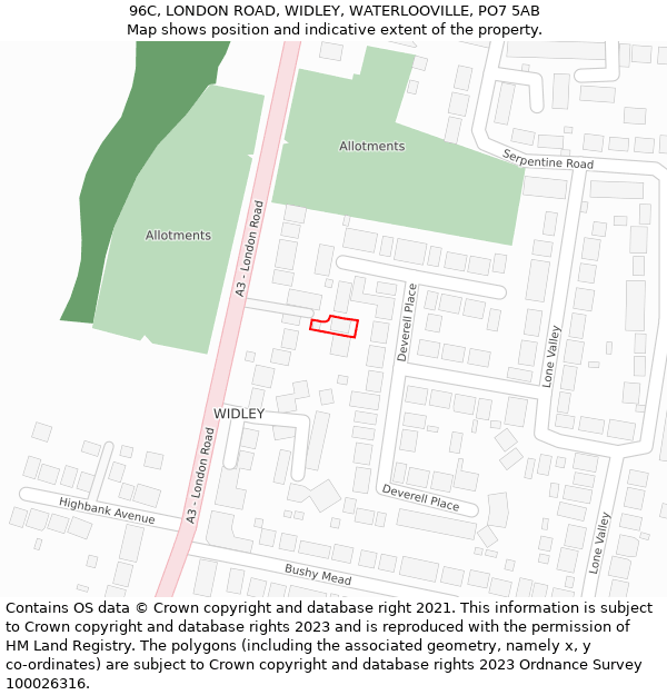 96C, LONDON ROAD, WIDLEY, WATERLOOVILLE, PO7 5AB: Location map and indicative extent of plot
