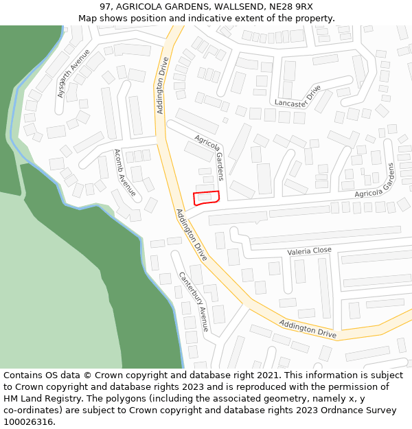 97, AGRICOLA GARDENS, WALLSEND, NE28 9RX: Location map and indicative extent of plot