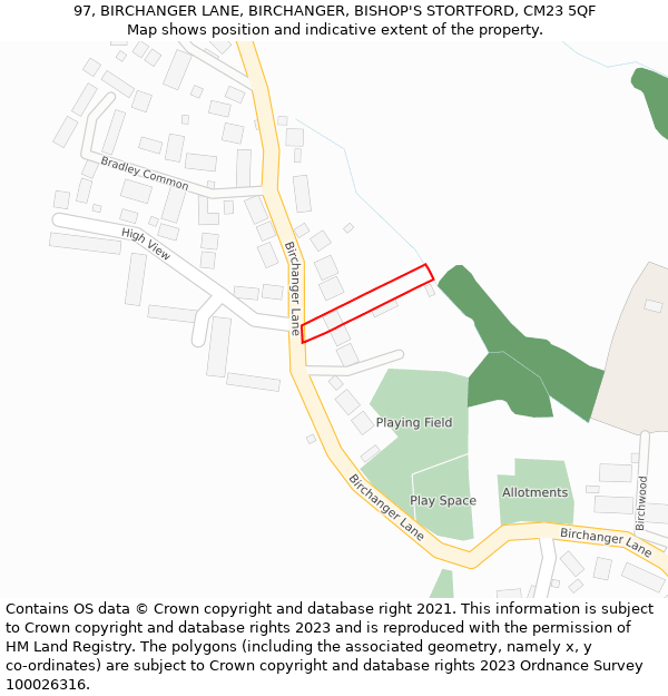 97, BIRCHANGER LANE, BIRCHANGER, BISHOP'S STORTFORD, CM23 5QF: Location map and indicative extent of plot