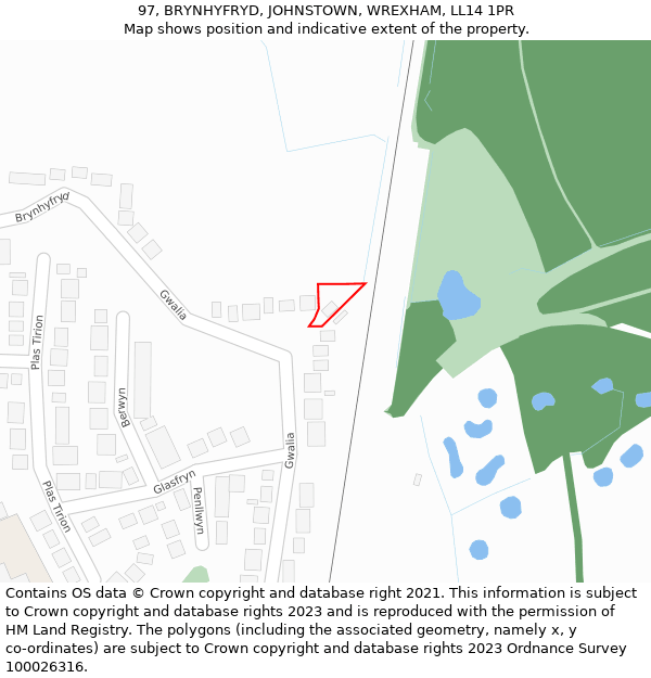 97, BRYNHYFRYD, JOHNSTOWN, WREXHAM, LL14 1PR: Location map and indicative extent of plot