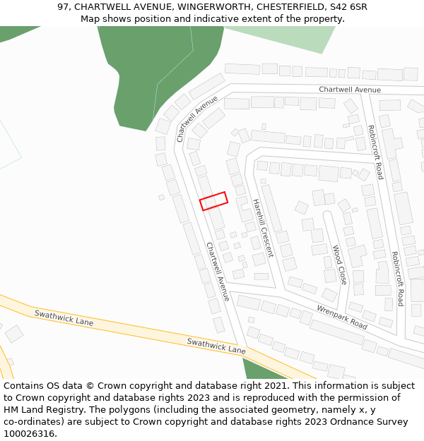 97, CHARTWELL AVENUE, WINGERWORTH, CHESTERFIELD, S42 6SR: Location map and indicative extent of plot