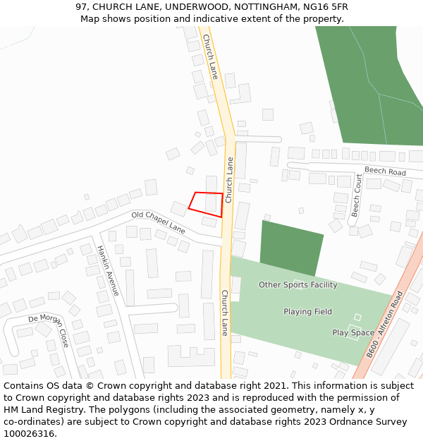 97, CHURCH LANE, UNDERWOOD, NOTTINGHAM, NG16 5FR: Location map and indicative extent of plot