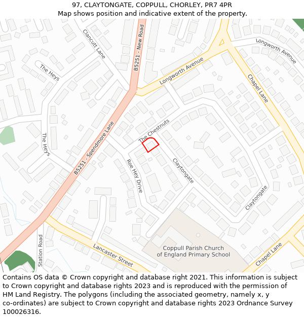 97, CLAYTONGATE, COPPULL, CHORLEY, PR7 4PR: Location map and indicative extent of plot