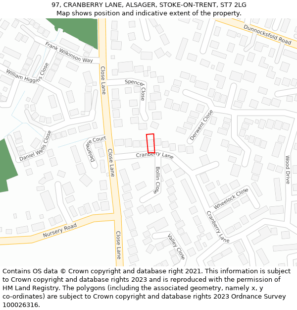97, CRANBERRY LANE, ALSAGER, STOKE-ON-TRENT, ST7 2LG: Location map and indicative extent of plot
