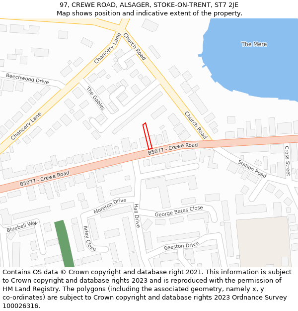 97, CREWE ROAD, ALSAGER, STOKE-ON-TRENT, ST7 2JE: Location map and indicative extent of plot