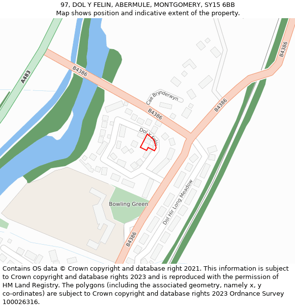 97, DOL Y FELIN, ABERMULE, MONTGOMERY, SY15 6BB: Location map and indicative extent of plot