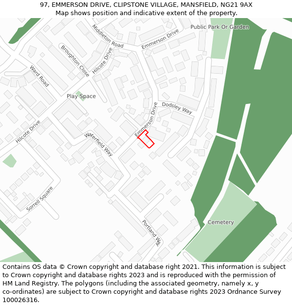 97, EMMERSON DRIVE, CLIPSTONE VILLAGE, MANSFIELD, NG21 9AX: Location map and indicative extent of plot