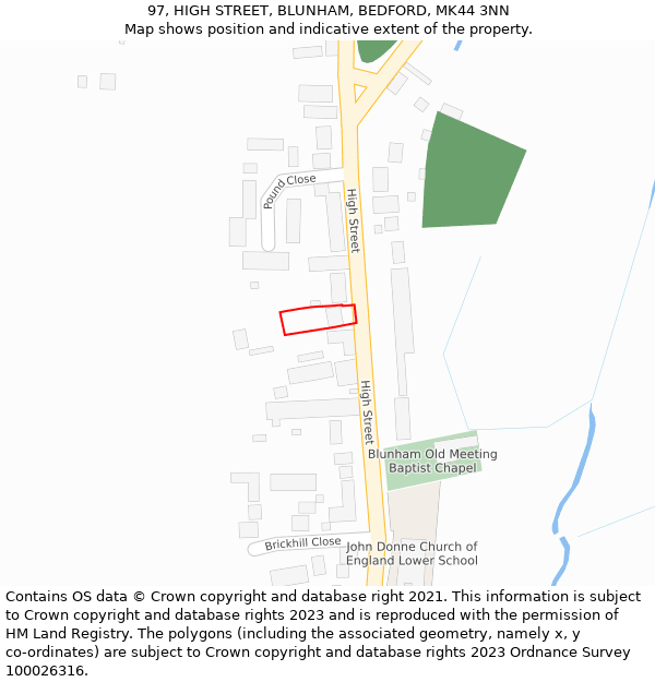 97, HIGH STREET, BLUNHAM, BEDFORD, MK44 3NN: Location map and indicative extent of plot