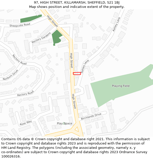 97, HIGH STREET, KILLAMARSH, SHEFFIELD, S21 1BJ: Location map and indicative extent of plot