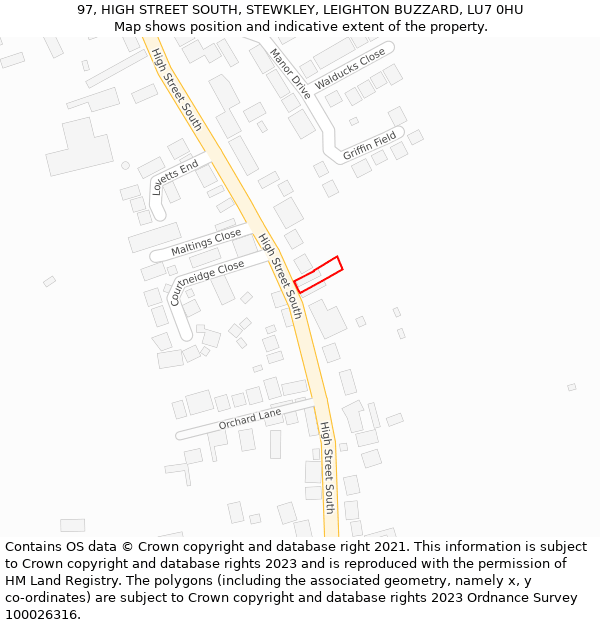 97, HIGH STREET SOUTH, STEWKLEY, LEIGHTON BUZZARD, LU7 0HU: Location map and indicative extent of plot