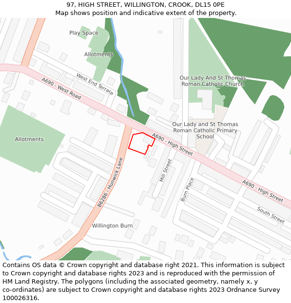 97, HIGH STREET, WILLINGTON, CROOK, DL15 0PE: Location map and indicative extent of plot