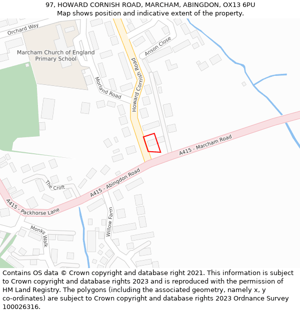 97, HOWARD CORNISH ROAD, MARCHAM, ABINGDON, OX13 6PU: Location map and indicative extent of plot