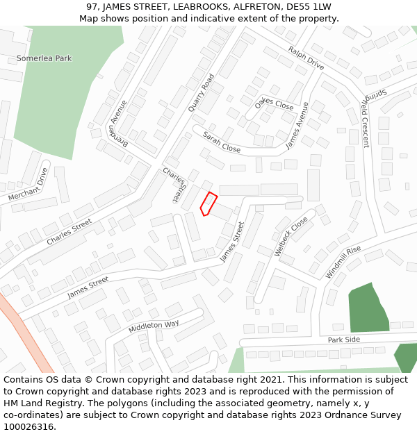 97, JAMES STREET, LEABROOKS, ALFRETON, DE55 1LW: Location map and indicative extent of plot