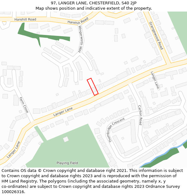 97, LANGER LANE, CHESTERFIELD, S40 2JP: Location map and indicative extent of plot