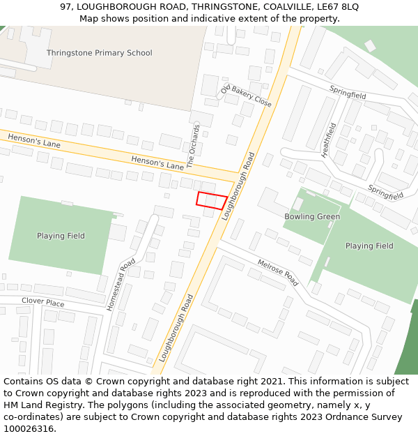 97, LOUGHBOROUGH ROAD, THRINGSTONE, COALVILLE, LE67 8LQ: Location map and indicative extent of plot
