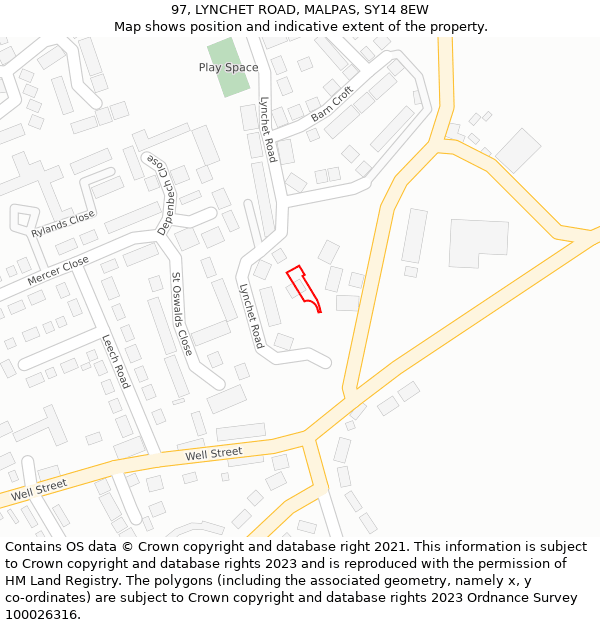 97, LYNCHET ROAD, MALPAS, SY14 8EW: Location map and indicative extent of plot