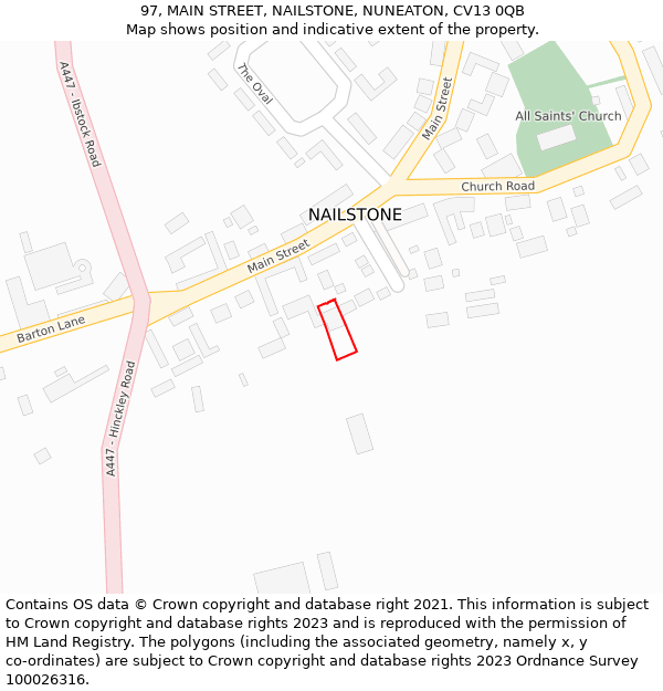 97, MAIN STREET, NAILSTONE, NUNEATON, CV13 0QB: Location map and indicative extent of plot