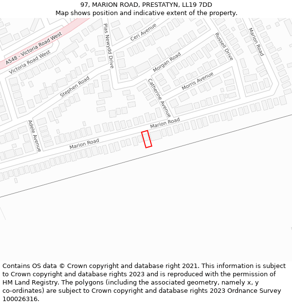 97, MARION ROAD, PRESTATYN, LL19 7DD: Location map and indicative extent of plot