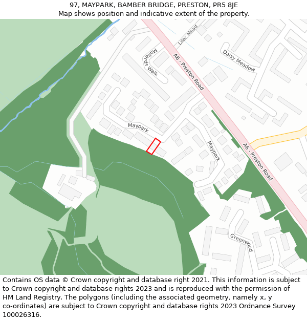 97, MAYPARK, BAMBER BRIDGE, PRESTON, PR5 8JE: Location map and indicative extent of plot