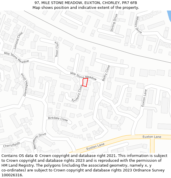 97, MILE STONE MEADOW, EUXTON, CHORLEY, PR7 6FB: Location map and indicative extent of plot